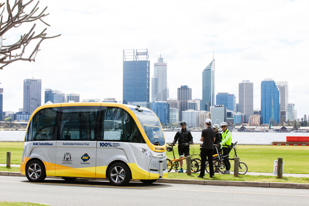 Intellibus exterior at South Perth foreshore next to cyclists